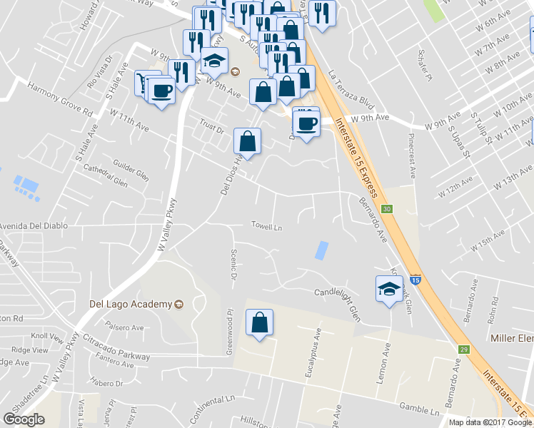 map of restaurants, bars, coffee shops, grocery stores, and more near 1775 Alhudson Drive in Escondido