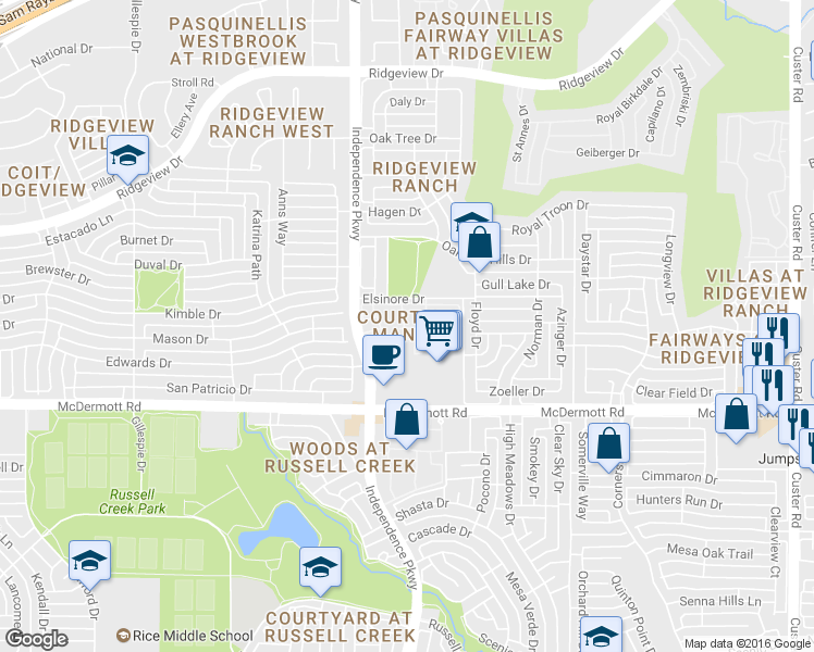 map of restaurants, bars, coffee shops, grocery stores, and more near 9100 Independence Parkway in Plano