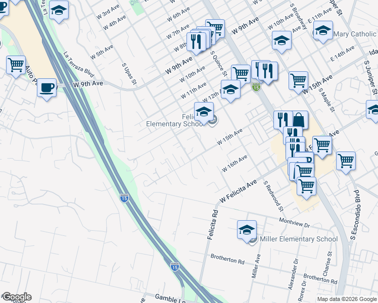 map of restaurants, bars, coffee shops, grocery stores, and more near 1434 South Upas Street in Escondido