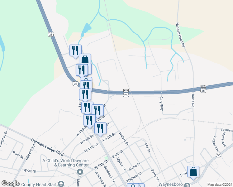 map of restaurants, bars, coffee shops, grocery stores, and more near 1057 Burke Veterans Parkway in Waynesboro