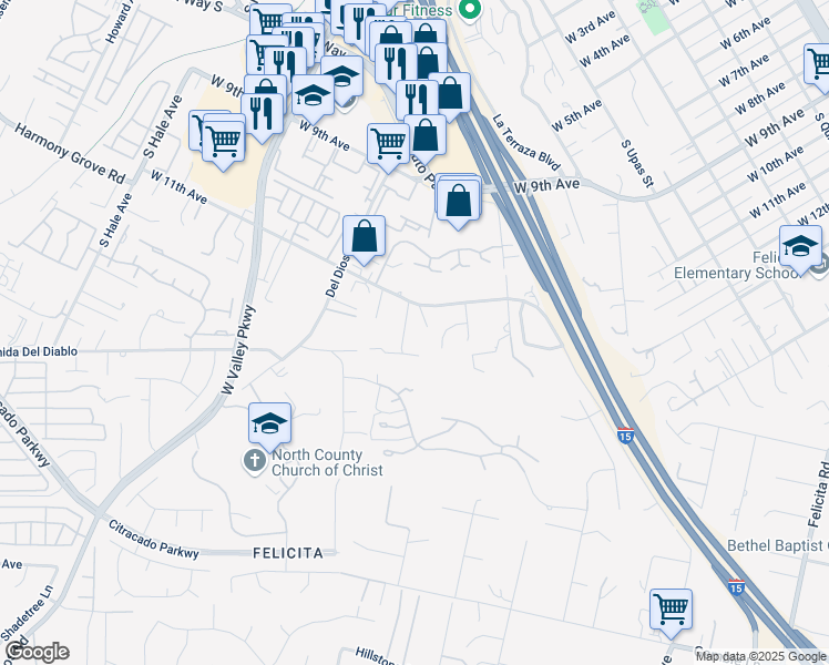 map of restaurants, bars, coffee shops, grocery stores, and more near 1756 Alhudson Drive in Escondido