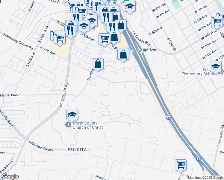 map of restaurants, bars, coffee shops, grocery stores, and more near 1756 Alhudson Drive in Escondido