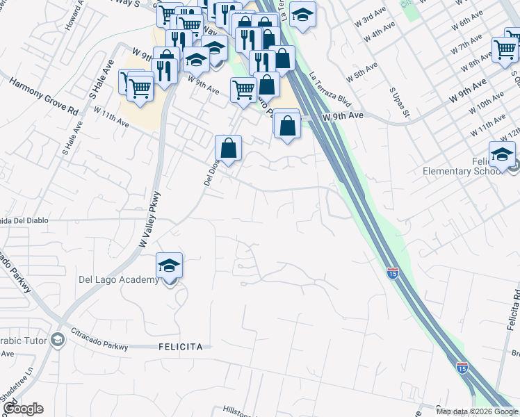 map of restaurants, bars, coffee shops, grocery stores, and more near 1775 Alhudson Drive in Escondido