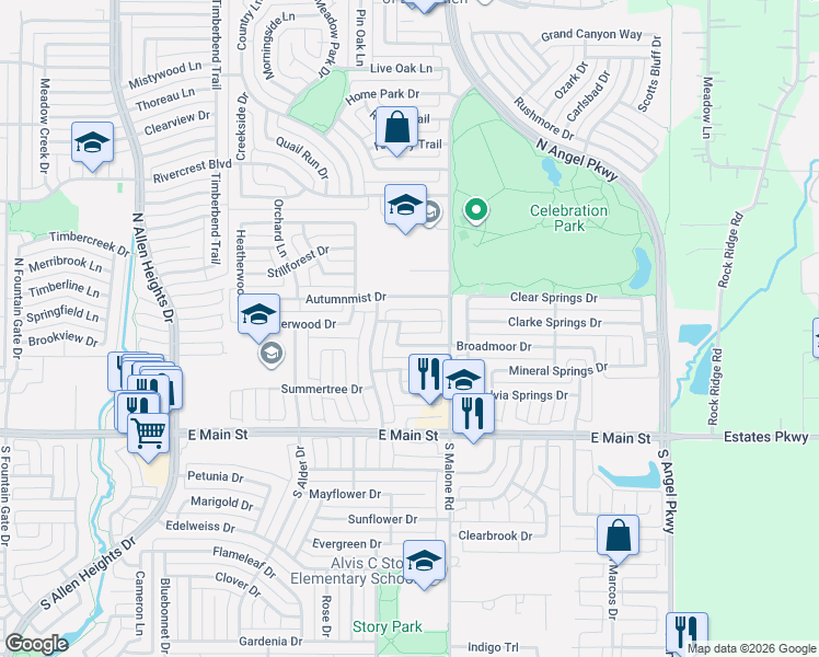 map of restaurants, bars, coffee shops, grocery stores, and more near 1525 Broadmoor Drive in Allen