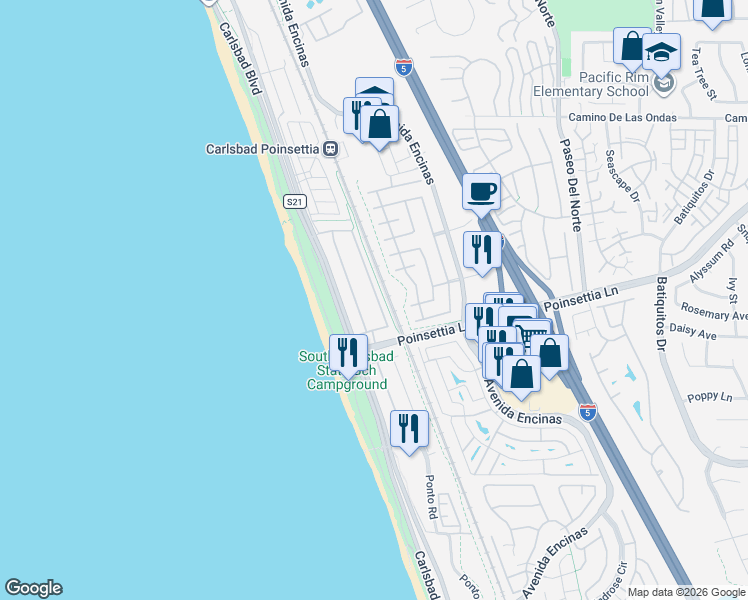 map of restaurants, bars, coffee shops, grocery stores, and more near 6957 Catamaran Drive in Carlsbad