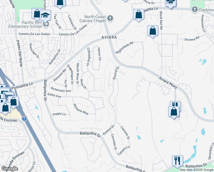 map of restaurants, bars, coffee shops, grocery stores, and more near 7004 Wildrose Terrace in Carlsbad