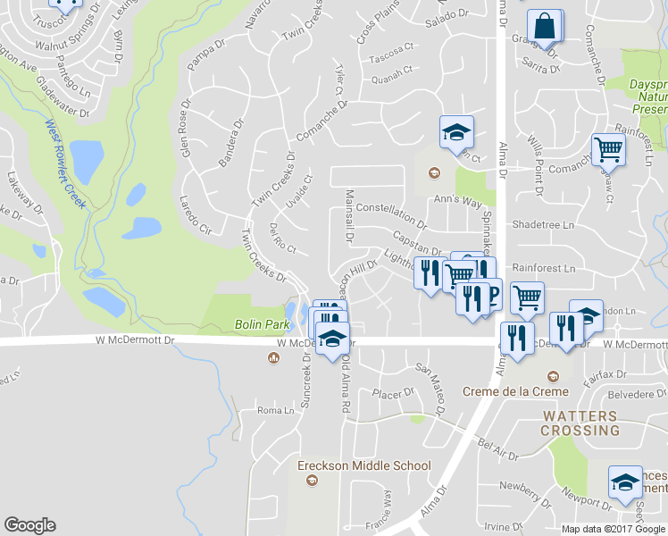 map of restaurants, bars, coffee shops, grocery stores, and more near 308 Misty Meadow Drive in Allen