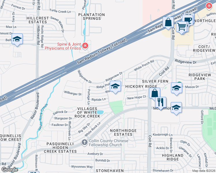 map of restaurants, bars, coffee shops, grocery stores, and more near 4404 Ridge Point Lane in Plano