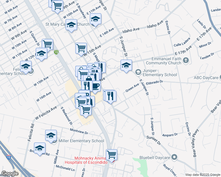 map of restaurants, bars, coffee shops, grocery stores, and more near 1770 South Escondido Boulevard in Escondido