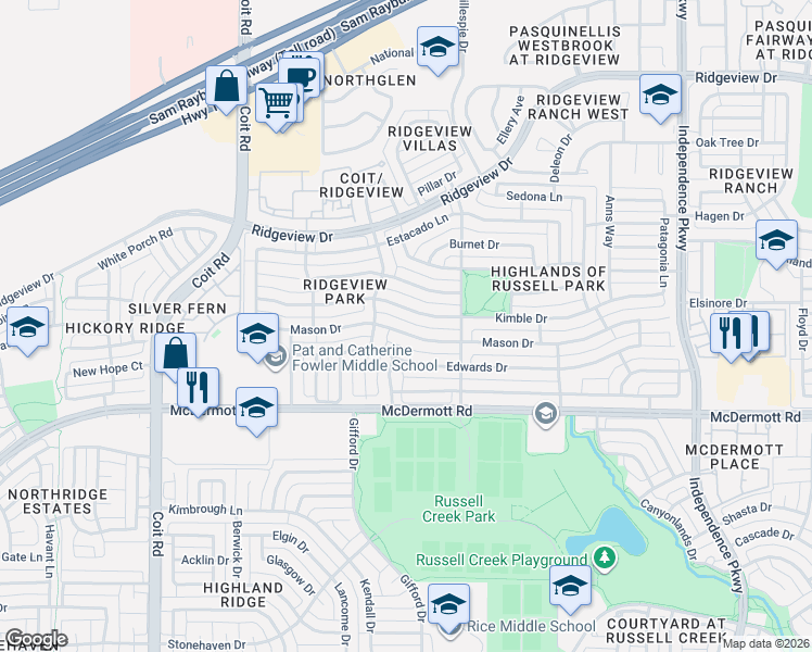 map of restaurants, bars, coffee shops, grocery stores, and more near 3544 Mason Drive in Plano