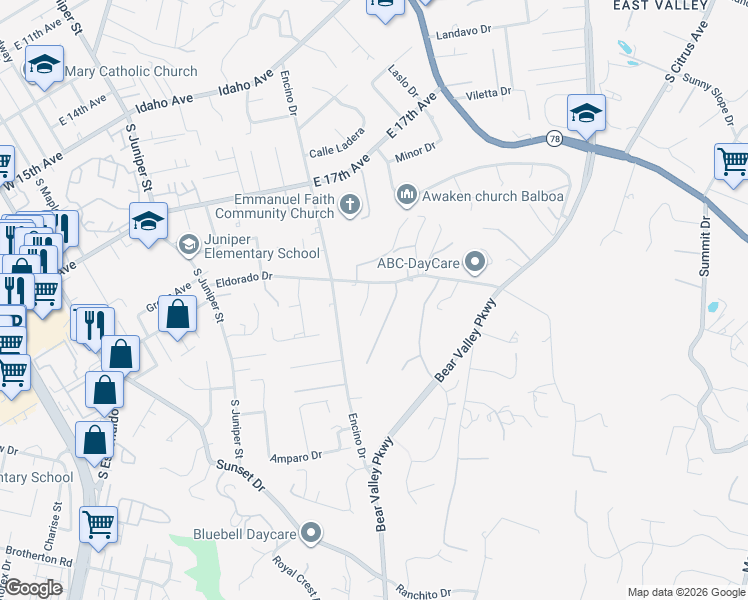 map of restaurants, bars, coffee shops, grocery stores, and more near 549 Eldorado Drive in Escondido