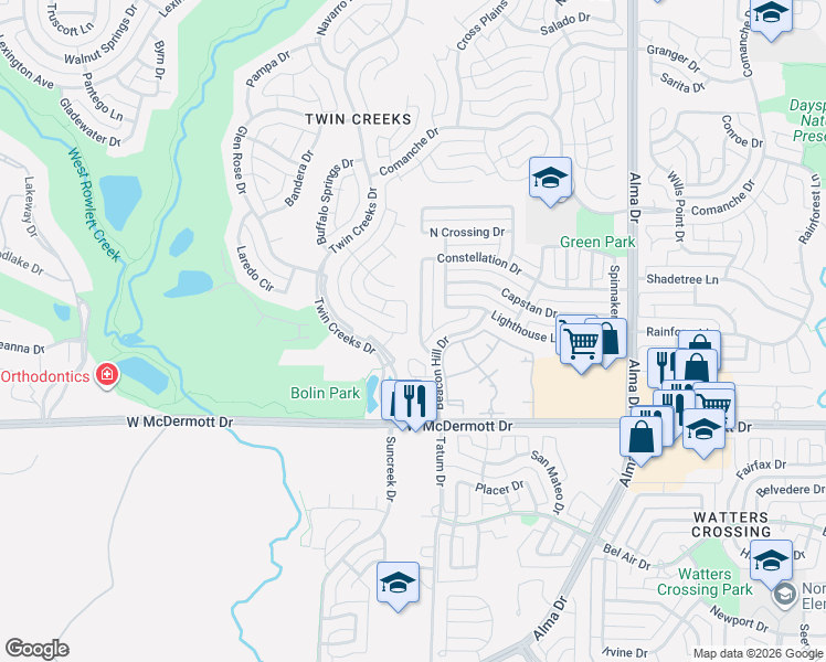 map of restaurants, bars, coffee shops, grocery stores, and more near 308 Misty Meadow Drive in Allen