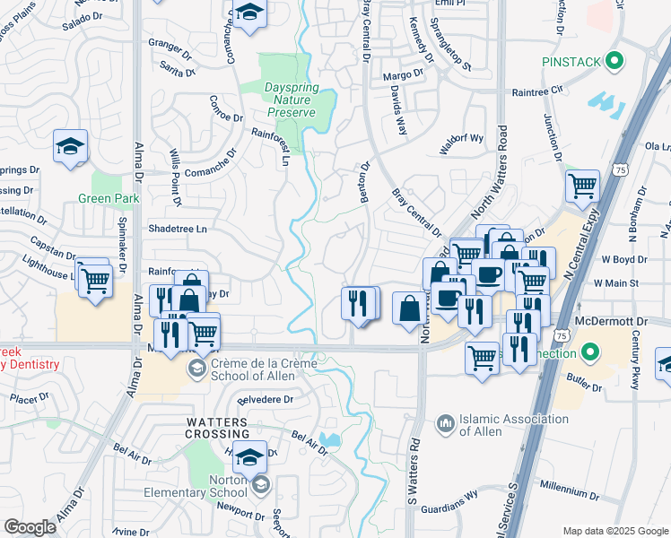 map of restaurants, bars, coffee shops, grocery stores, and more near 205 Benton Drive in Allen
