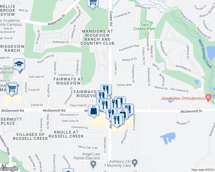 map of restaurants, bars, coffee shops, grocery stores, and more near 9204 Cedardale Drive in Plano