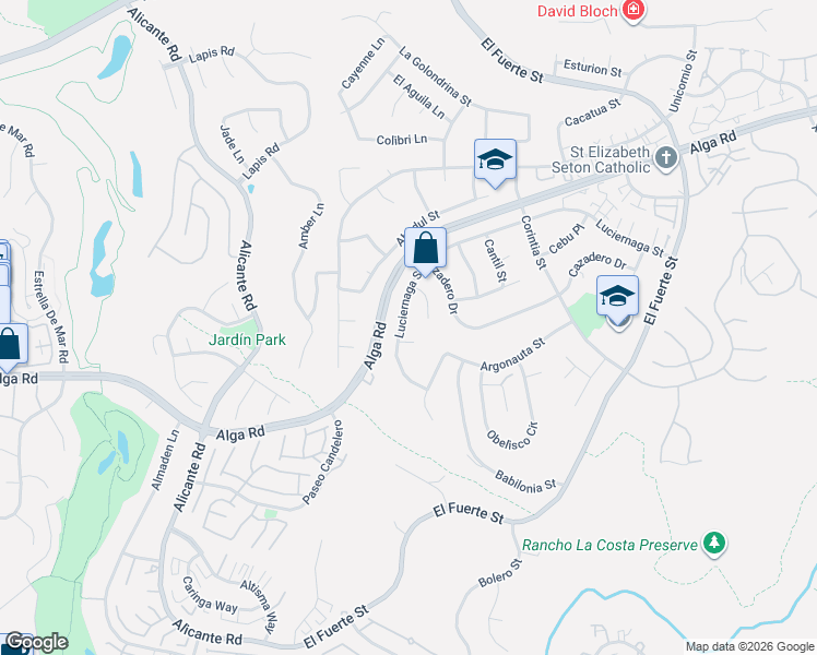 map of restaurants, bars, coffee shops, grocery stores, and more near 2543 Luciernaga Street in Carlsbad