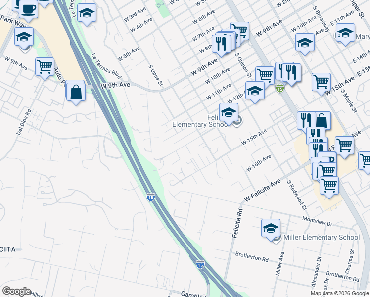 map of restaurants, bars, coffee shops, grocery stores, and more near 1305 Kiso Glen in Escondido