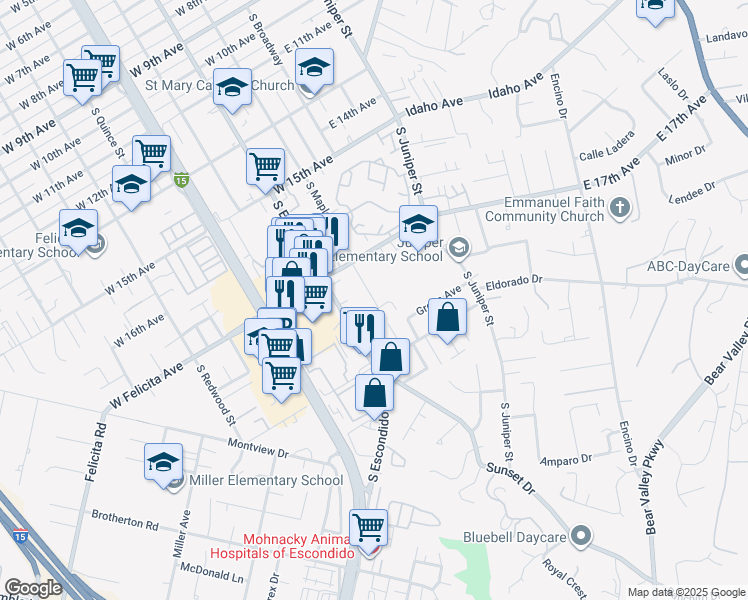map of restaurants, bars, coffee shops, grocery stores, and more near 1800 South Maple Street in Escondido