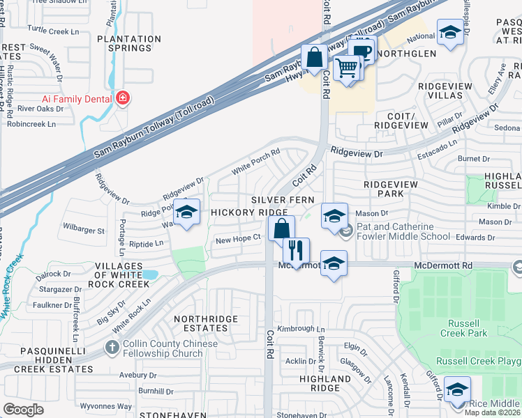 map of restaurants, bars, coffee shops, grocery stores, and more near 4009 Hearthlight Court in Plano