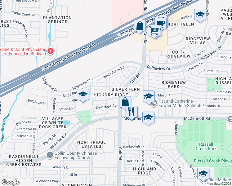 map of restaurants, bars, coffee shops, grocery stores, and more near 4009 Hearthlight Court in Plano