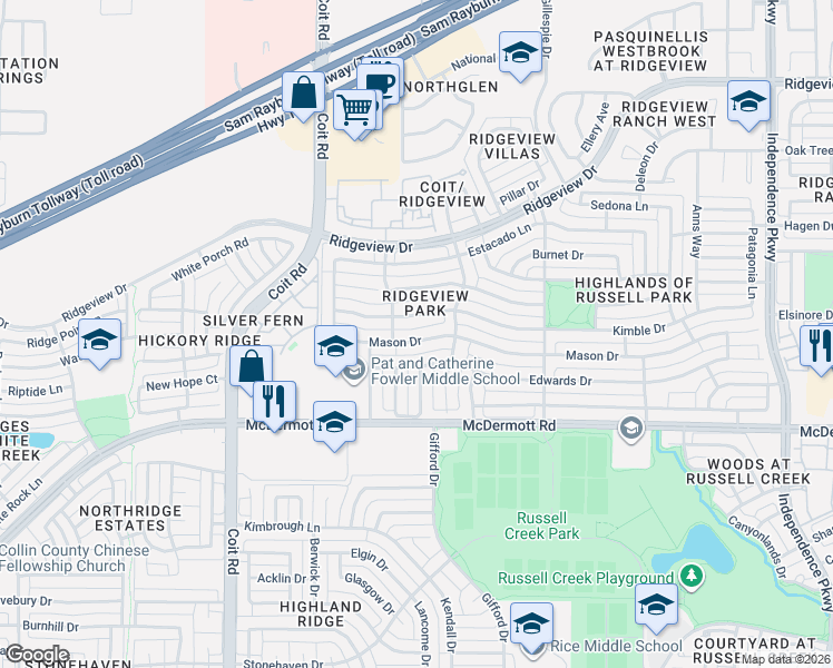map of restaurants, bars, coffee shops, grocery stores, and more near 3632 Mason Drive in Plano