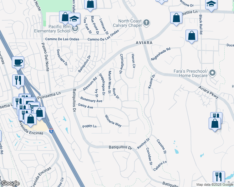 map of restaurants, bars, coffee shops, grocery stores, and more near 7078 Rose Drive in Carlsbad