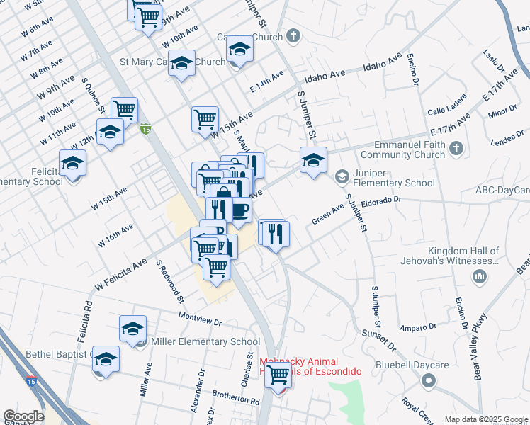 map of restaurants, bars, coffee shops, grocery stores, and more near 1770 South Escondido Boulevard in Escondido