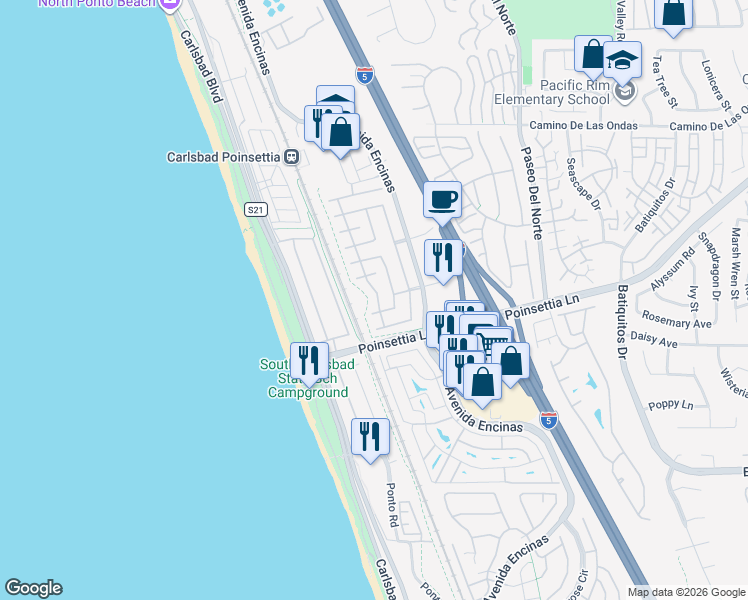 map of restaurants, bars, coffee shops, grocery stores, and more near 623 Red Coral Avenue in Carlsbad