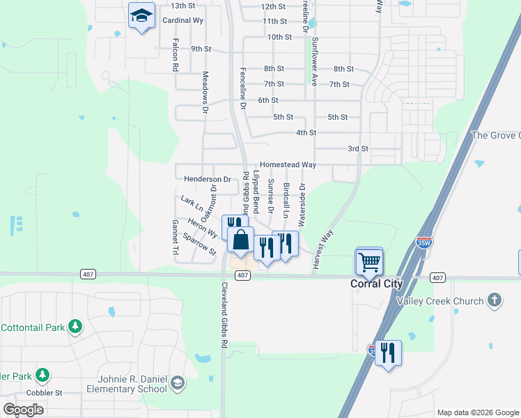 map of restaurants, bars, coffee shops, grocery stores, and more near 109 Sunrise Drive in Argyle