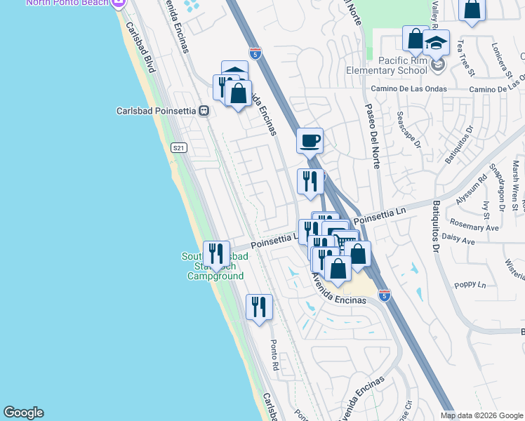map of restaurants, bars, coffee shops, grocery stores, and more near 623 Red Coral Avenue in Carlsbad