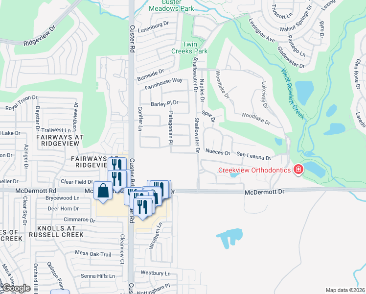 map of restaurants, bars, coffee shops, grocery stores, and more near 2007 Calisto Way in Allen