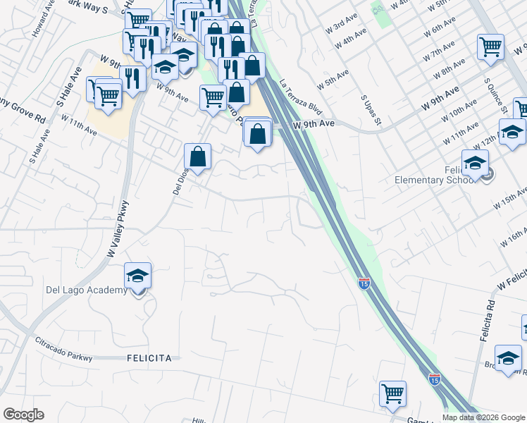 map of restaurants, bars, coffee shops, grocery stores, and more near Sal Glen in Escondido