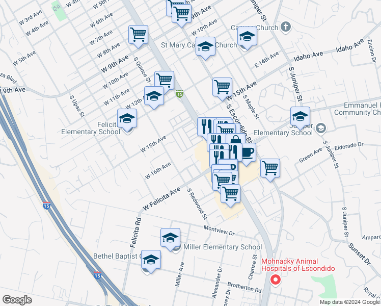 map of restaurants, bars, coffee shops, grocery stores, and more near 634 Devon Place in Escondido