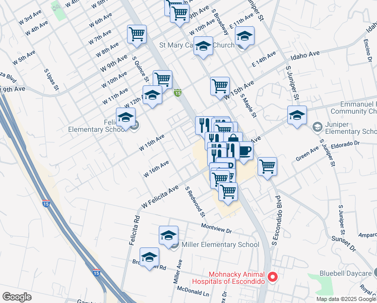 map of restaurants, bars, coffee shops, grocery stores, and more near 634 Devon Place in Escondido