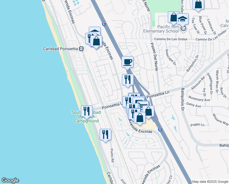 map of restaurants, bars, coffee shops, grocery stores, and more near 6988 Sweetwater Street in Carlsbad