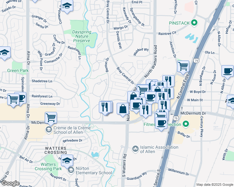 map of restaurants, bars, coffee shops, grocery stores, and more near 1011 Lucy Lane in Allen