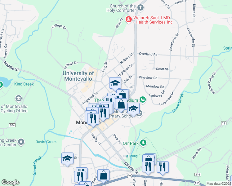 map of restaurants, bars, coffee shops, grocery stores, and more near 980 Oak Street in Montevallo