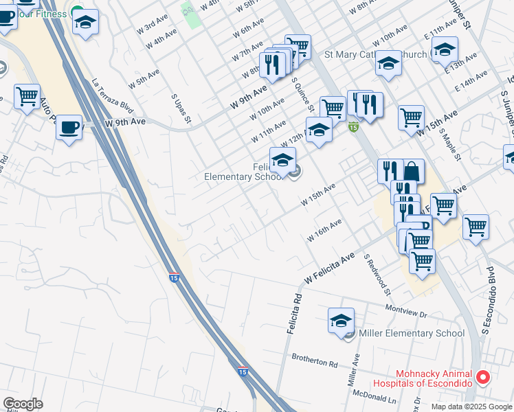 map of restaurants, bars, coffee shops, grocery stores, and more near 1415 South Upas Street in Escondido