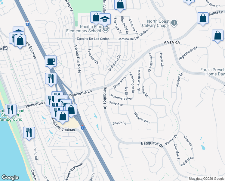 map of restaurants, bars, coffee shops, grocery stores, and more near 7017 Nutmeg Way in Carlsbad