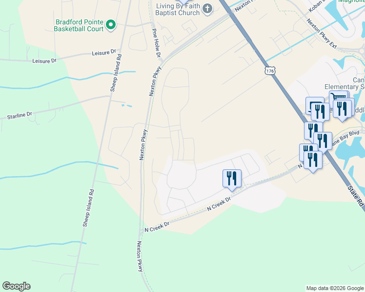 map of restaurants, bars, coffee shops, grocery stores, and more near 899 Barefoot Lane in Summerville
