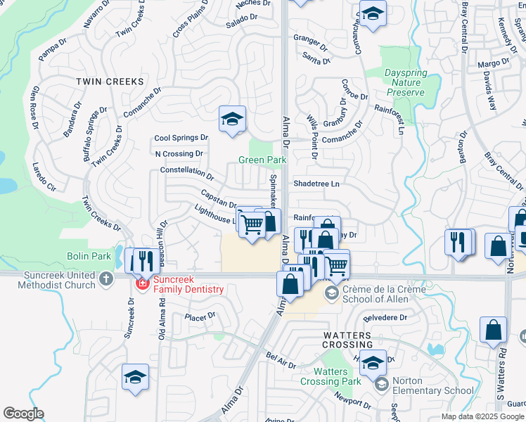 map of restaurants, bars, coffee shops, grocery stores, and more near 400 Spinnaker Drive in Allen