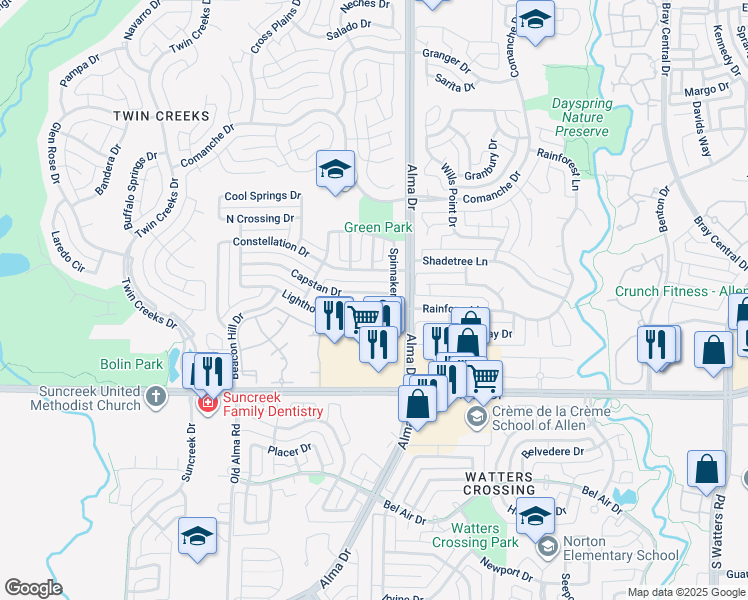map of restaurants, bars, coffee shops, grocery stores, and more near 1313 Lighthouse Lane in Allen