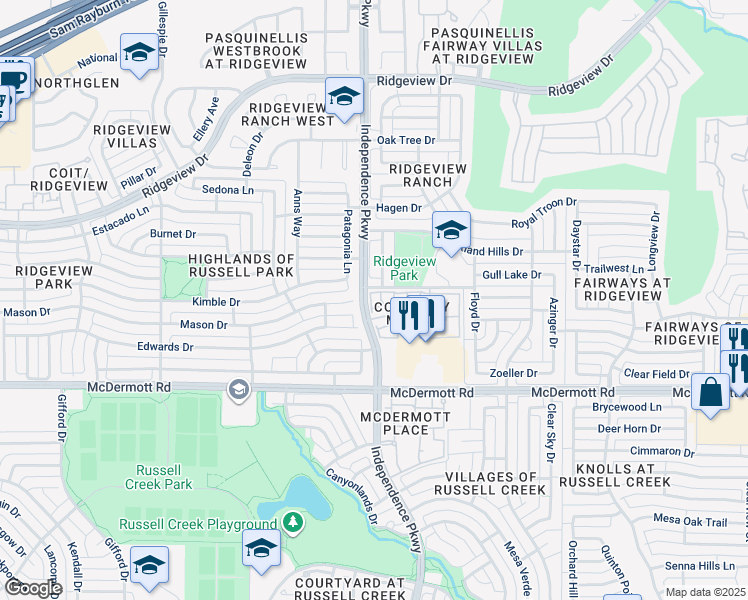 map of restaurants, bars, coffee shops, grocery stores, and more near 9100 Independence Parkway in Plano
