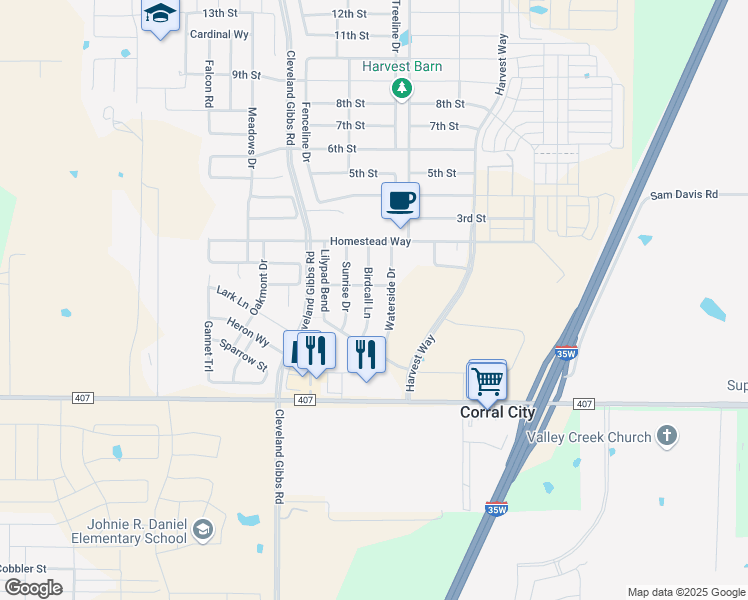 map of restaurants, bars, coffee shops, grocery stores, and more near 136 Birdcall Lane in Argyle