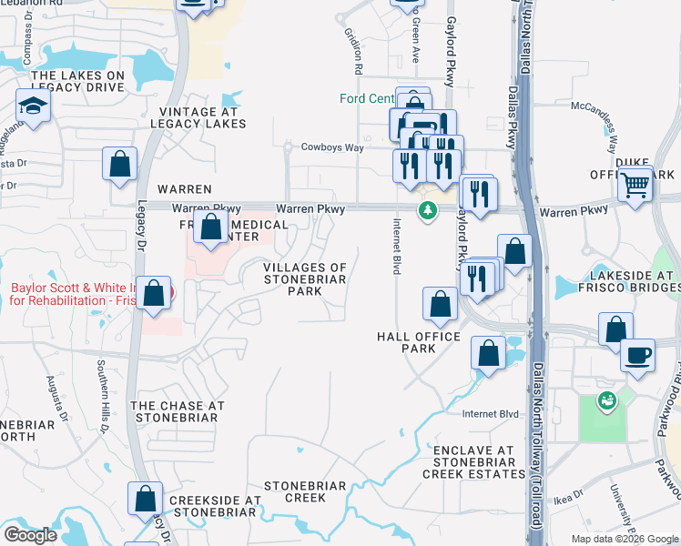 map of restaurants, bars, coffee shops, grocery stores, and more near 2879 Belclaire Drive in Frisco