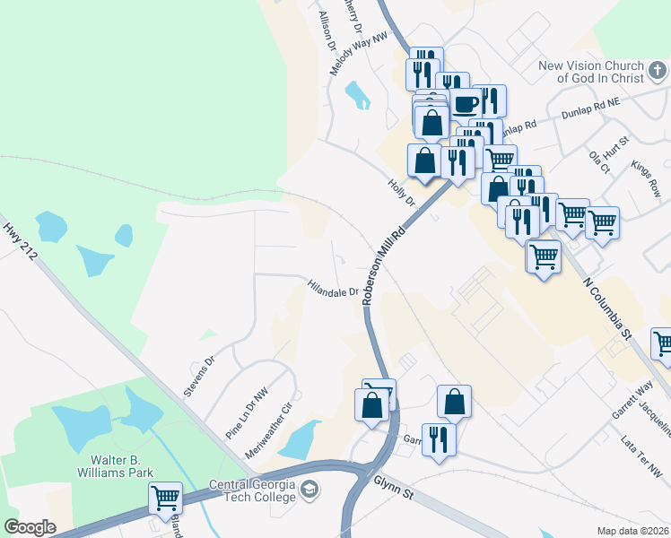 map of restaurants, bars, coffee shops, grocery stores, and more near Cobblestone Park Drive in Milledgeville