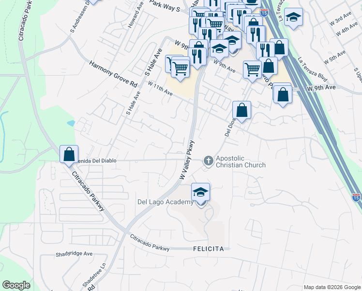 map of restaurants, bars, coffee shops, grocery stores, and more near 1815 Esquire Glen in Escondido