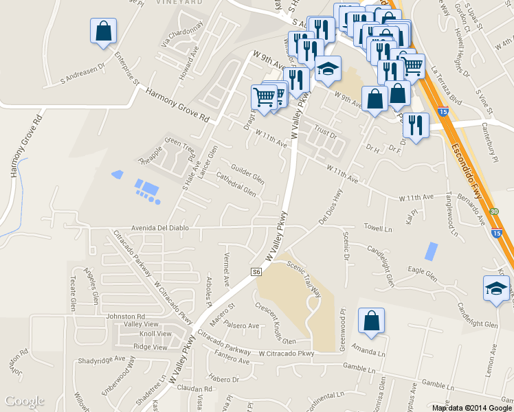 map of restaurants, bars, coffee shops, grocery stores, and more near 1815 Esquire Glen in Escondido