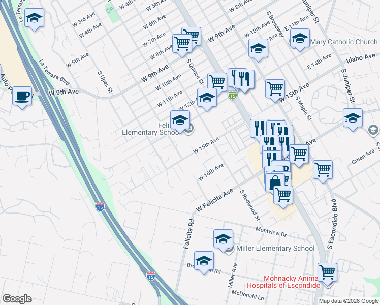 map of restaurants, bars, coffee shops, grocery stores, and more near 835 West 15th Avenue in Escondido