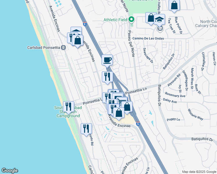 map of restaurants, bars, coffee shops, grocery stores, and more near 751 Raintree Drive in Carlsbad