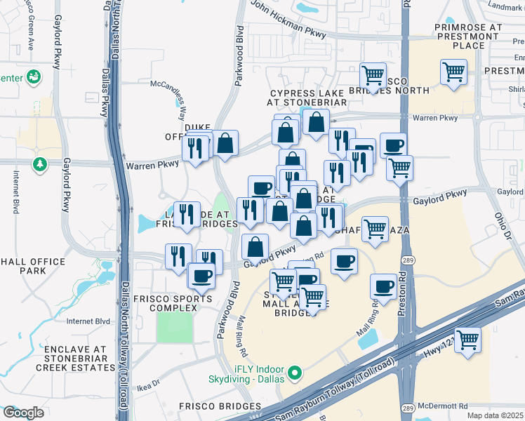 map of restaurants, bars, coffee shops, grocery stores, and more near in Frisco